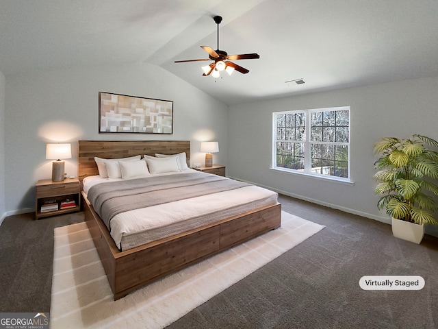 bedroom with vaulted ceiling, carpet floors, visible vents, and baseboards