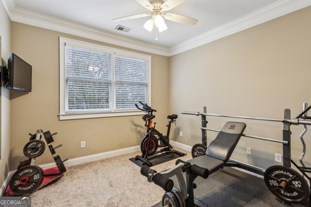 exercise room featuring baseboards, visible vents, ceiling fan, ornamental molding, and carpet flooring