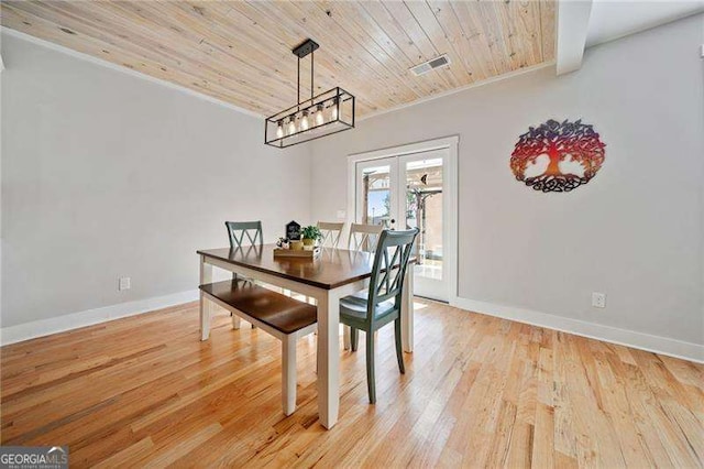 dining room featuring light wood-style floors, wood ceiling, visible vents, and baseboards