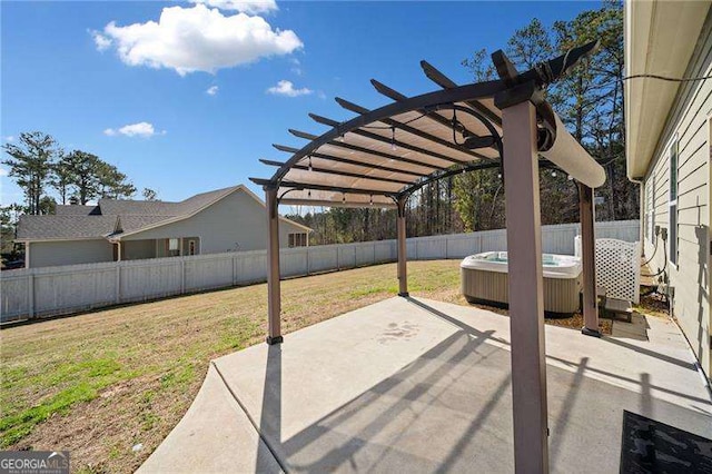 view of patio with a fenced backyard, central AC, and a pergola