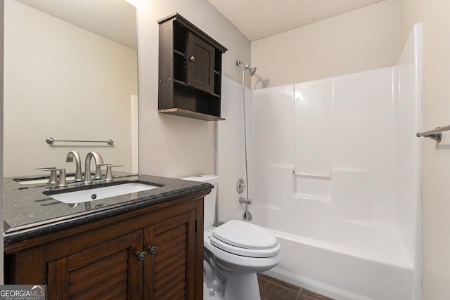 bathroom with a textured ceiling, shower / bath combination, toilet, and tile patterned floors