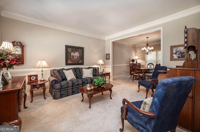 living room featuring a chandelier, light colored carpet, crown molding, and baseboards