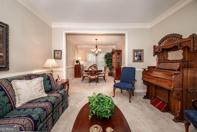 living room featuring ornamental molding, light colored carpet, and a notable chandelier