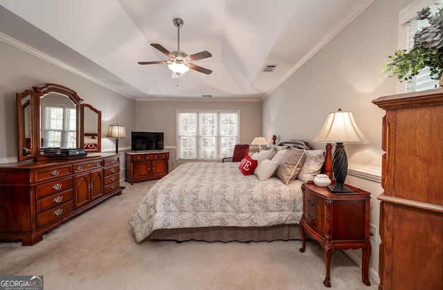 bedroom featuring light colored carpet, crown molding, visible vents, and multiple windows