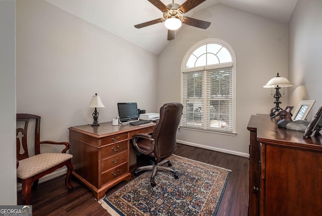 office space featuring dark wood-style floors, vaulted ceiling, baseboards, and a ceiling fan