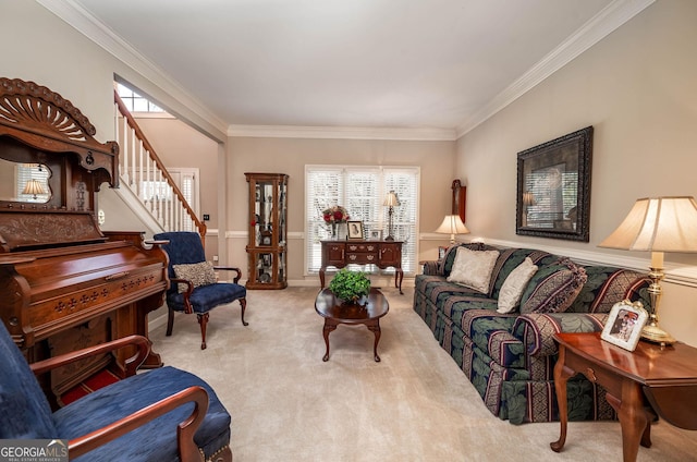 living area featuring light colored carpet, crown molding, and stairway