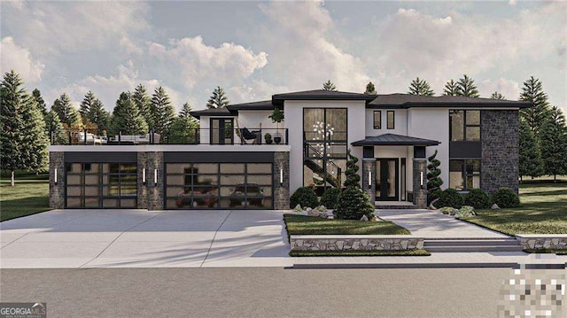 view of front facade featuring stone siding, concrete driveway, and stucco siding