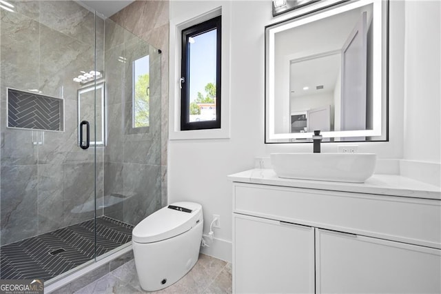 bathroom with toilet, a stall shower, vanity, and marble finish flooring