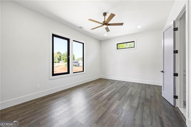 unfurnished bedroom featuring dark wood-type flooring, baseboards, recessed lighting, and ceiling fan