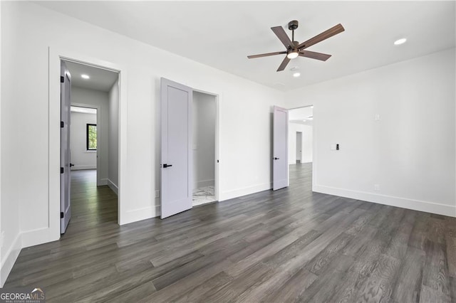 unfurnished living room featuring a ceiling fan, dark wood-style flooring, baseboards, and recessed lighting