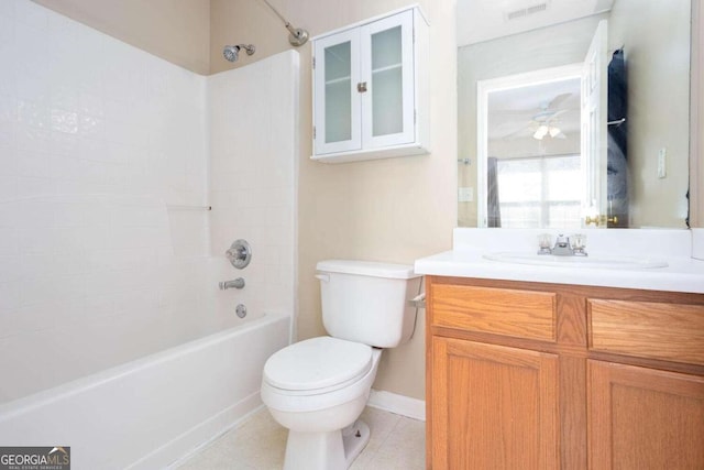 bathroom featuring tile patterned flooring, toilet, shower / bath combination, vanity, and visible vents