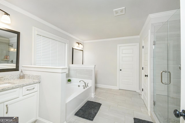 full bath with vanity, visible vents, ornamental molding, a bath, and a stall shower