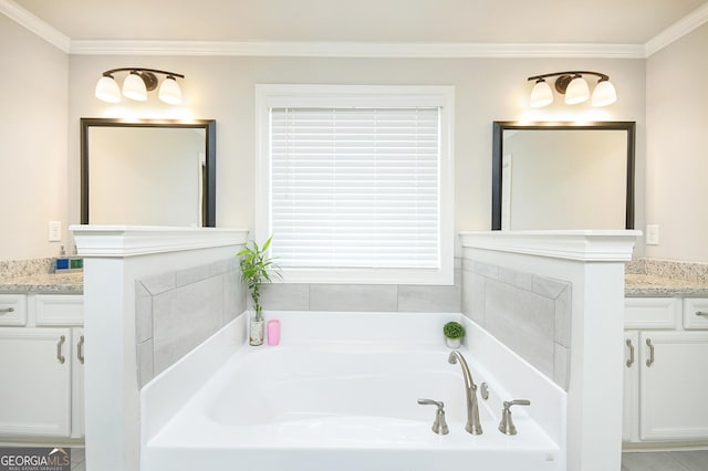 full bath featuring a garden tub, vanity, and crown molding