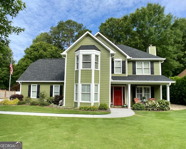 traditional home featuring a porch, a chimney, a front lawn, and roof with shingles