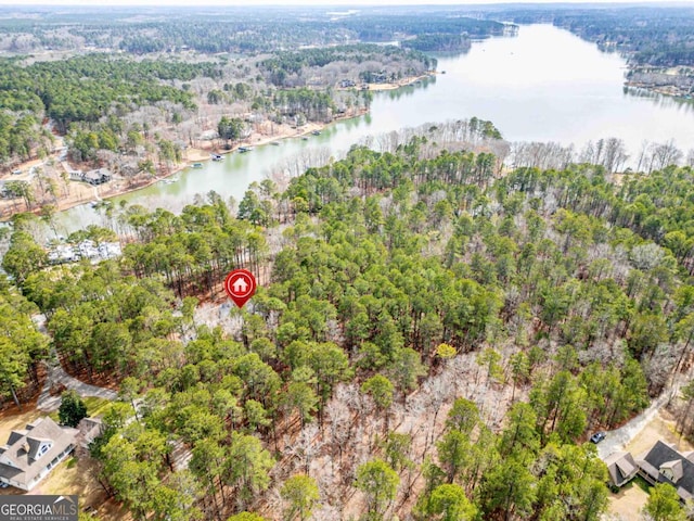 drone / aerial view with a water view and a forest view