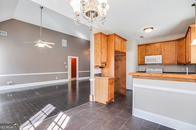 kitchen with wooden counters, white appliances, brown cabinetry, and visible vents