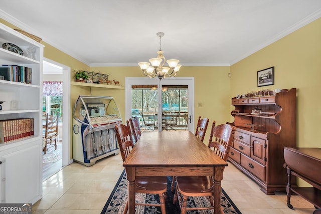 dining space with ornamental molding, a notable chandelier, and light tile patterned floors