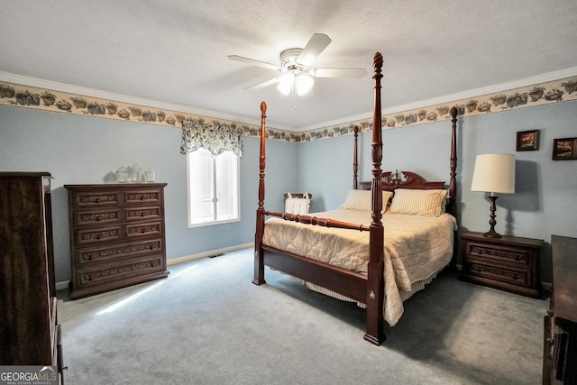 carpeted bedroom with a textured ceiling, ornamental molding, visible vents, and a ceiling fan