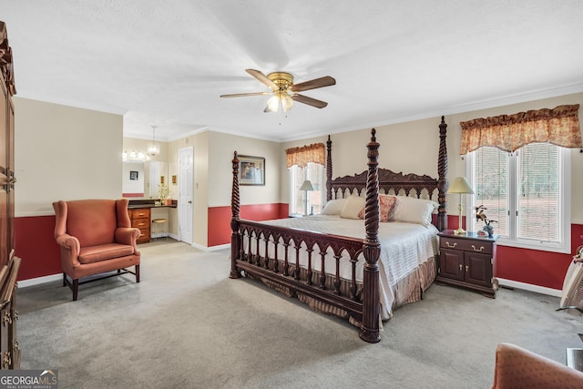 bedroom featuring ornamental molding, light colored carpet, and baseboards