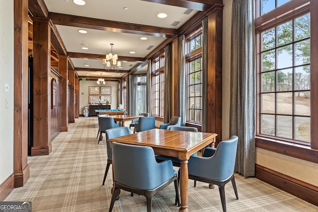 dining area with light carpet, baseboards, an inviting chandelier, beam ceiling, and recessed lighting