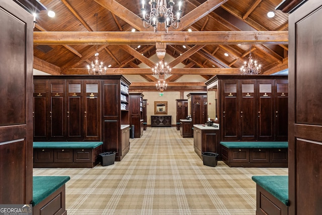 game room featuring vaulted ceiling with beams, wood ceiling, a chandelier, and light colored carpet