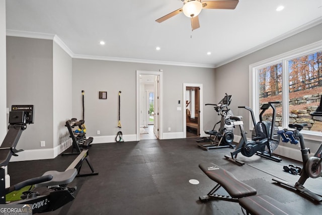 gym featuring ornamental molding, recessed lighting, a wealth of natural light, and baseboards