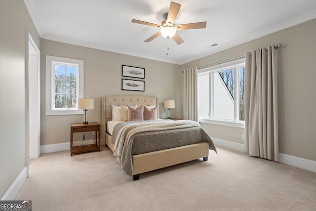 bedroom with light carpet, multiple windows, visible vents, and crown molding