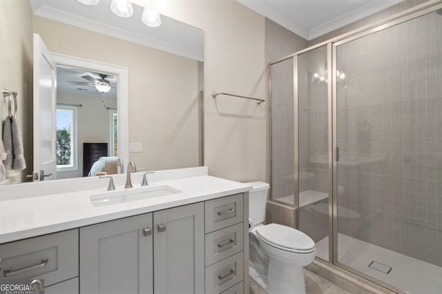 bathroom with toilet, ornamental molding, a stall shower, connected bathroom, and vanity