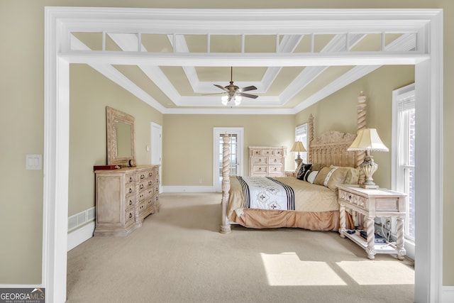 bedroom with visible vents, ornamental molding, baseboards, and light colored carpet