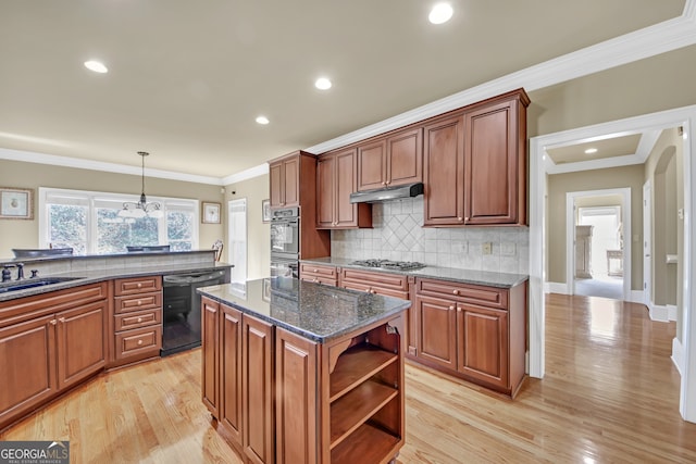 kitchen featuring black dishwasher, brown cabinetry, a center island, stainless steel gas cooktop, and open shelves