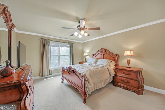 bedroom with ornamental molding, light colored carpet, visible vents, and baseboards