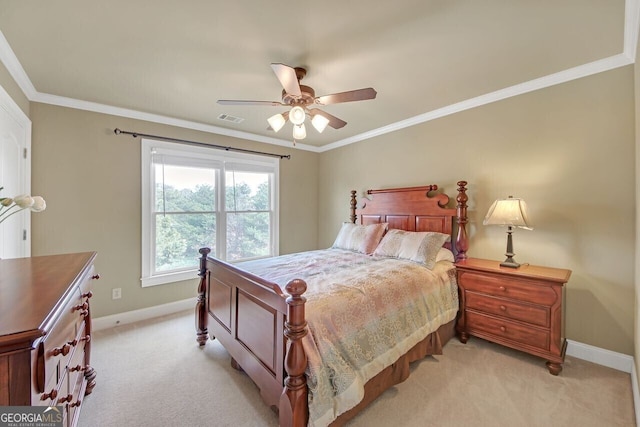 bedroom with light carpet, ornamental molding, visible vents, and baseboards