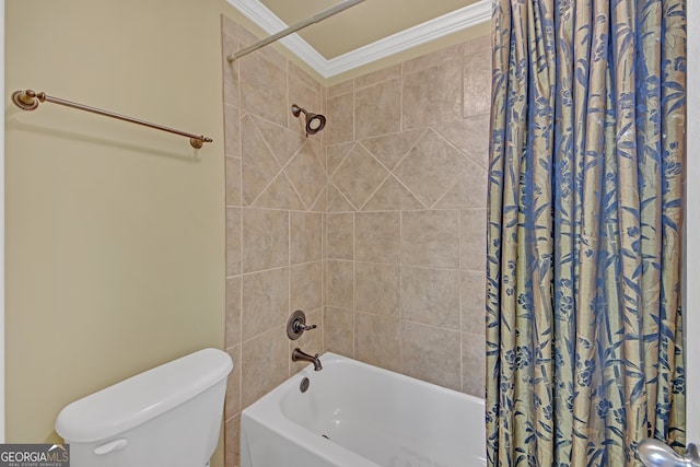 full bathroom with ornamental molding, shower / bath combo, and toilet