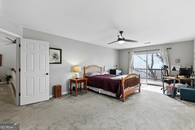 bedroom featuring baseboards, carpet floors, visible vents, and access to exterior