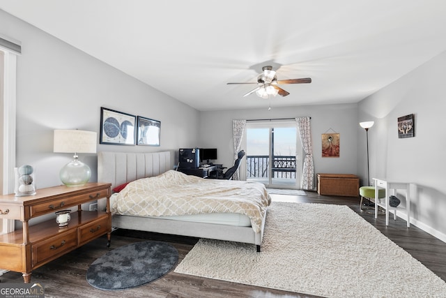 bedroom with dark wood-style floors, access to outside, baseboards, and a ceiling fan