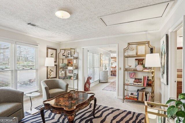 living area featuring light carpet, attic access, visible vents, and a textured ceiling