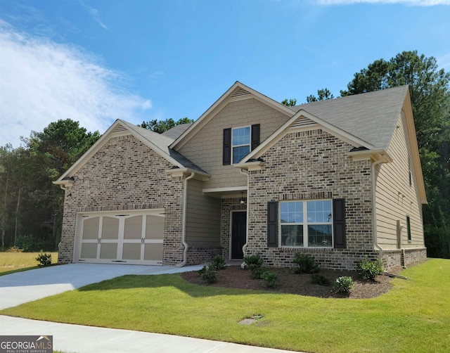 craftsman-style house featuring an attached garage, brick siding, concrete driveway, and a front yard