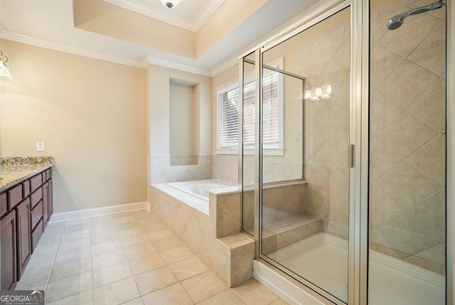 full bath featuring a bath, tile patterned flooring, a raised ceiling, and crown molding