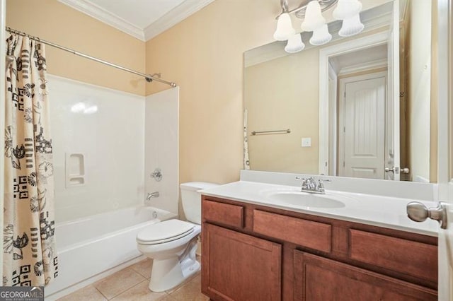 bathroom with crown molding, toilet, shower / tub combo, vanity, and tile patterned floors