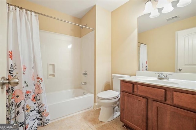 bathroom with visible vents, toilet, tile patterned flooring, shower / bath combo with shower curtain, and vanity