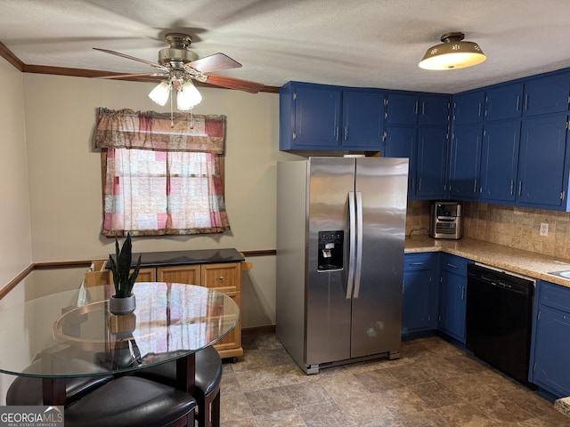 kitchen with tasteful backsplash, stainless steel fridge, dishwasher, light countertops, and blue cabinetry