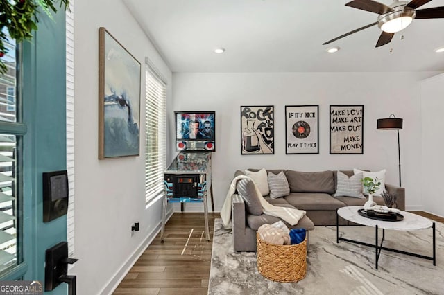 living room featuring dark wood-style floors, recessed lighting, ceiling fan, and baseboards