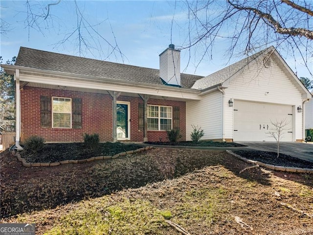 ranch-style house with driveway, brick siding, a chimney, and an attached garage