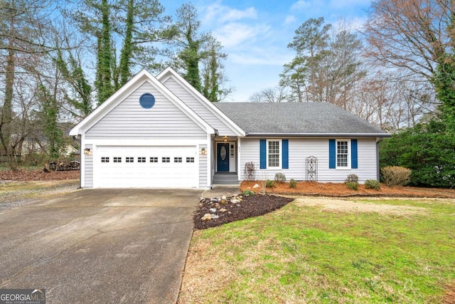 single story home featuring a garage, a front yard, concrete driveway, and a shingled roof