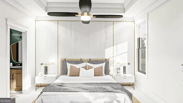 bedroom featuring ceiling fan, ornamental molding, a sink, and baseboards