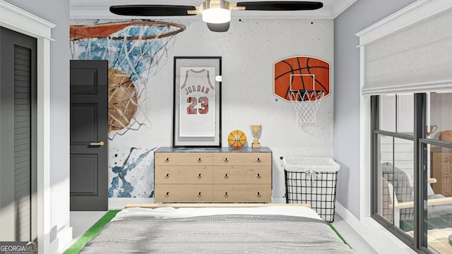 mudroom with a ceiling fan and crown molding