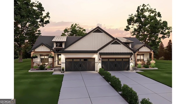 view of front of home with a lawn, concrete driveway, an attached garage, a porch, and board and batten siding