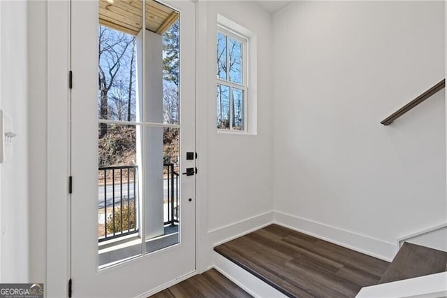 entryway featuring a wealth of natural light, baseboards, and dark wood-style flooring