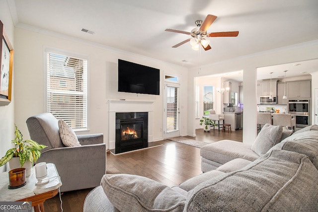 living area with a wealth of natural light, visible vents, dark wood-style flooring, and ornamental molding