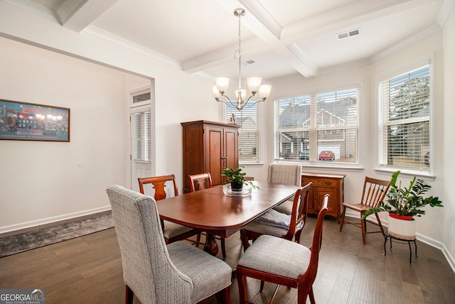 dining room with baseboards, beam ceiling, visible vents, and dark wood-type flooring